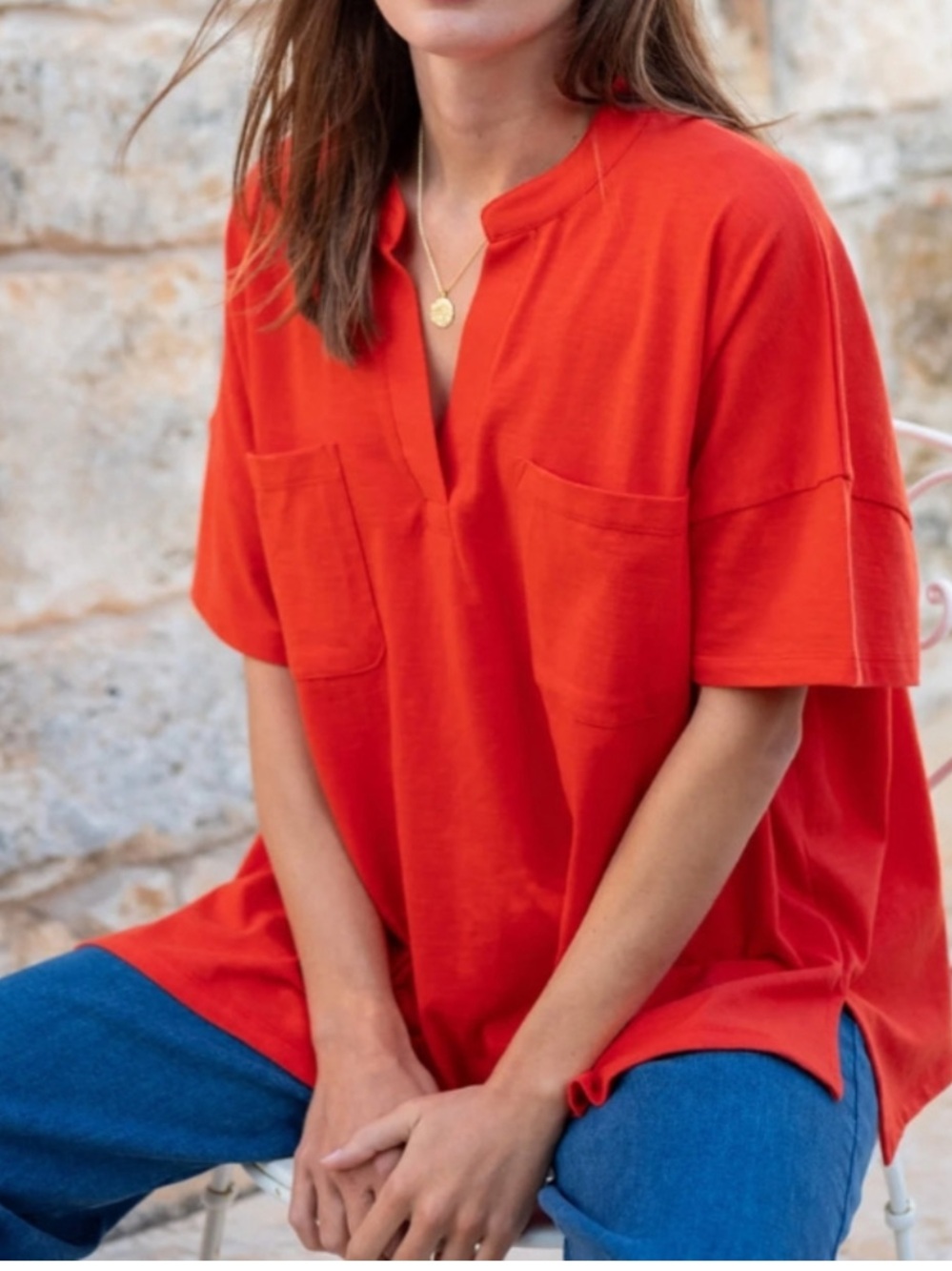 Mersea Amelia Short Sleeve Tee Fiesta One Size Cotton Coastal Boxy Nautical